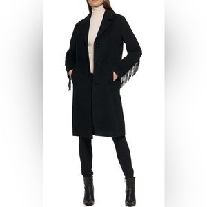Kenneth Cole Black  wool single-breasted coat, fringe sleeves - Size Lg